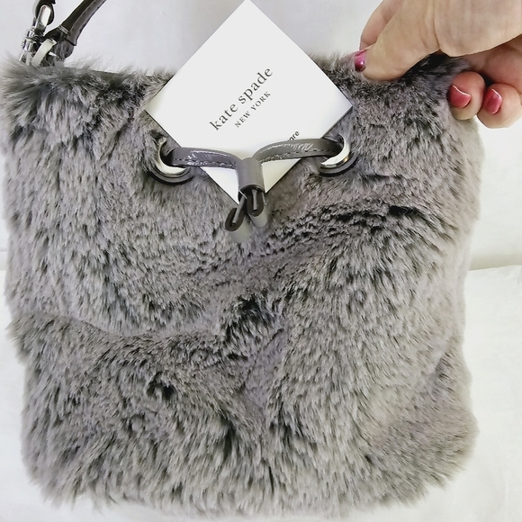 NWOT Kate Spade Eva Faux Fur Bucket Crossbody Bag Grey & dust bag, care booklet - Picture 3 of 14